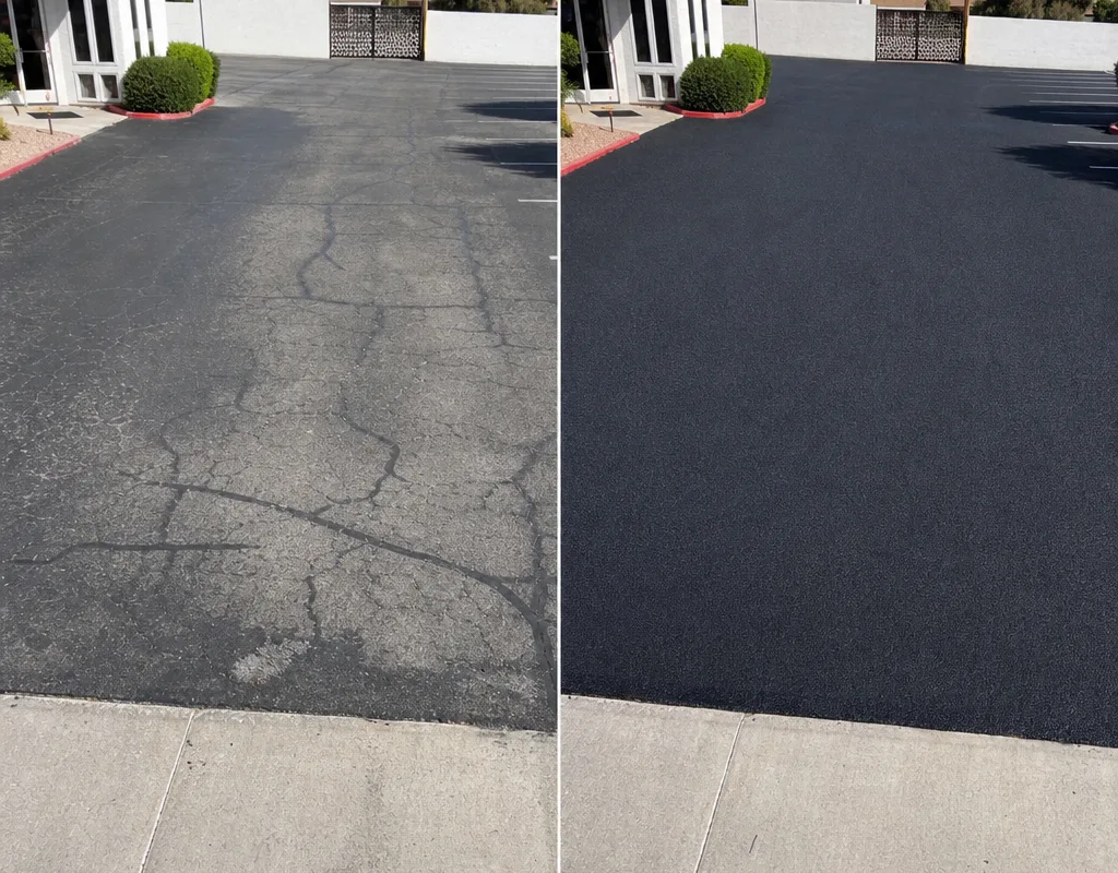 Before-and-after commercial parking area showing cracked pavement and a fresh asphalt mat with clean apron transitions