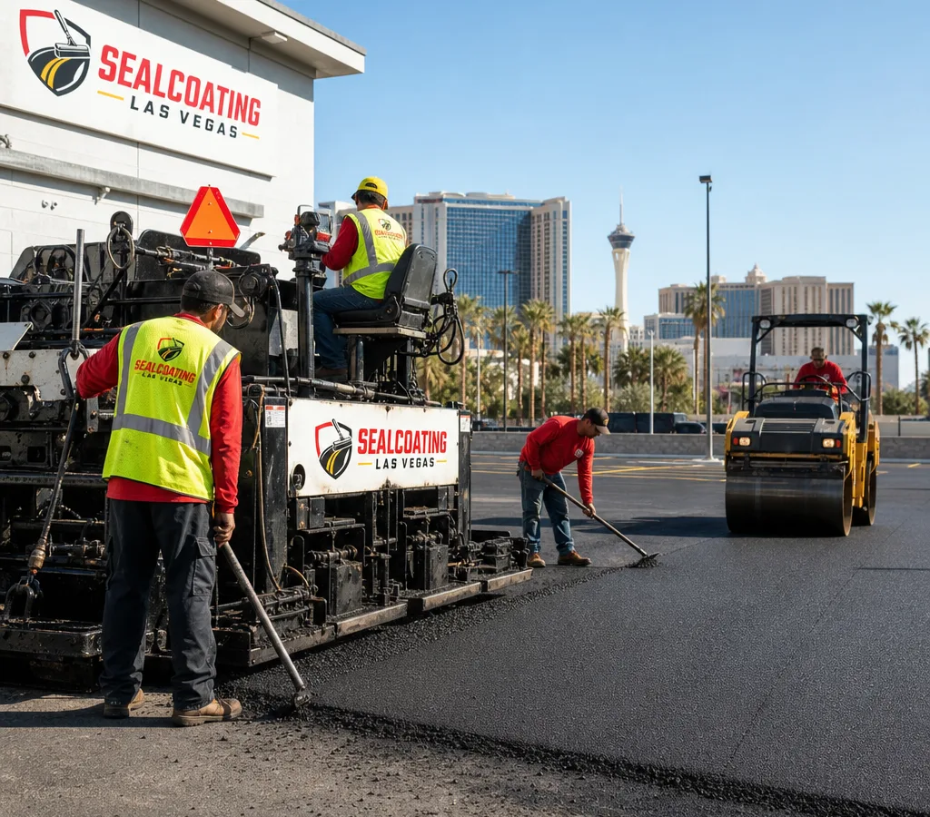 Paving crew placing and compacting fresh hot-mix asphalt on a Las Vegas commercial lot