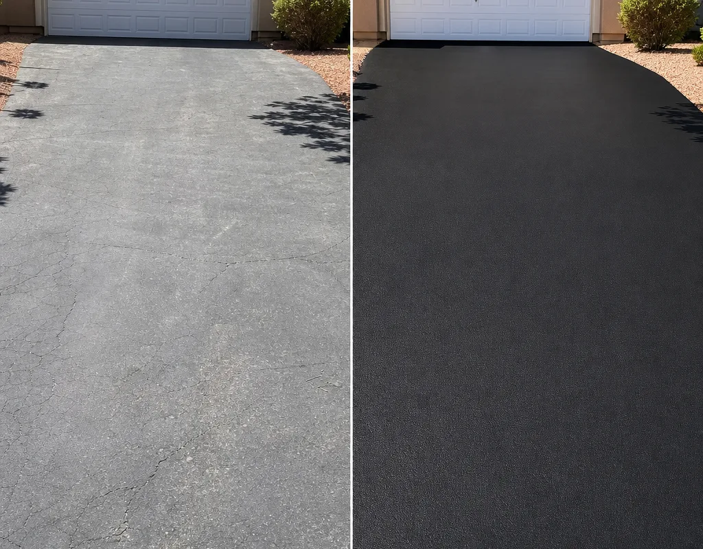 Before and after of a faded residential asphalt driveway restored with an even black sealed finish and clean edging