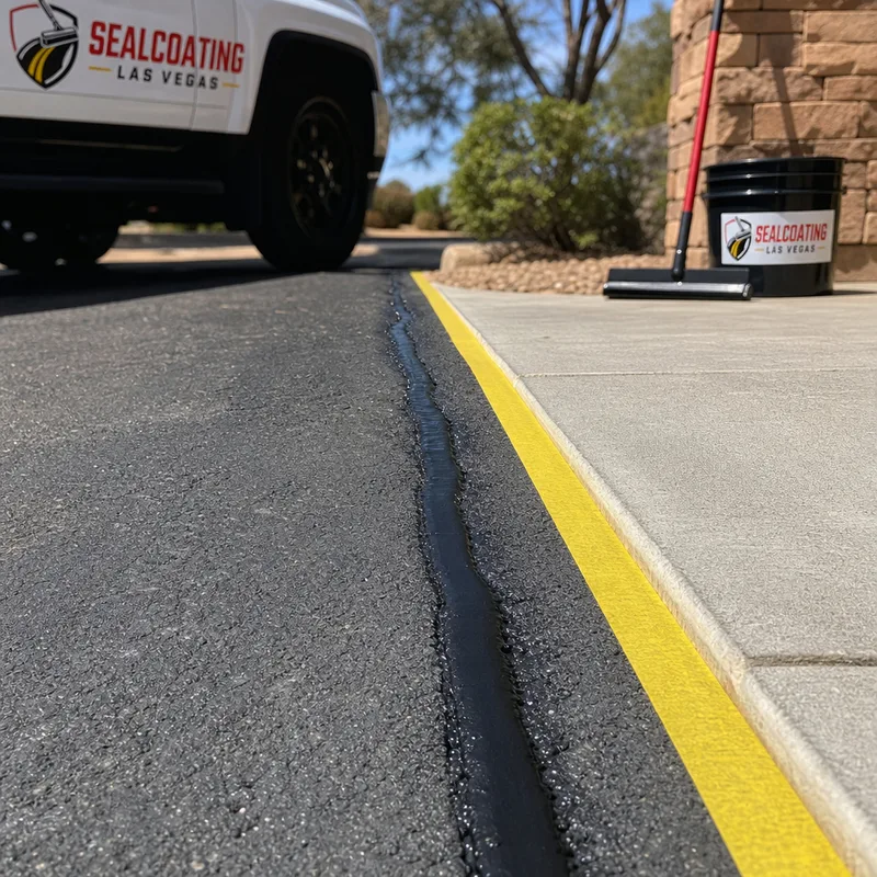 Cleaned asphalt with a filled crack and crisp protected edge beside a concrete walkway before sealcoat application