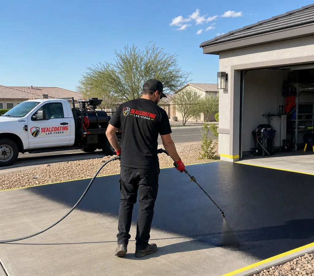 Residential asphalt driveway in Las Vegas being sealcoated with a spray wand, with a crisp wet edge and protected concrete