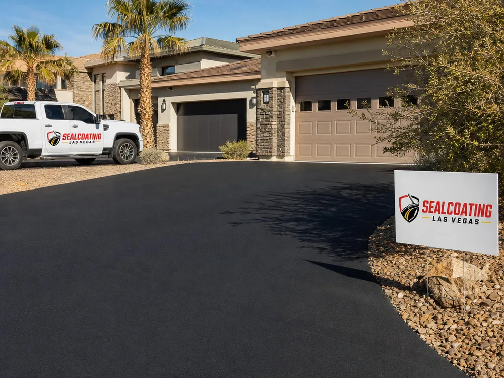 Freshly sealcoated multi-car residential driveway with a consistent finish and no puddling