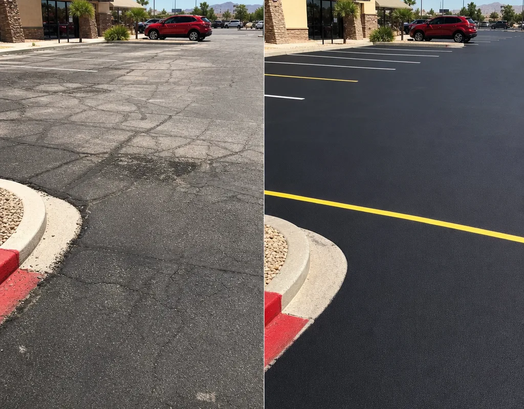 Before-and-after pair showing a faded, cracked commercial lot versus the same area after crack sealing, sealcoating, and re-striping