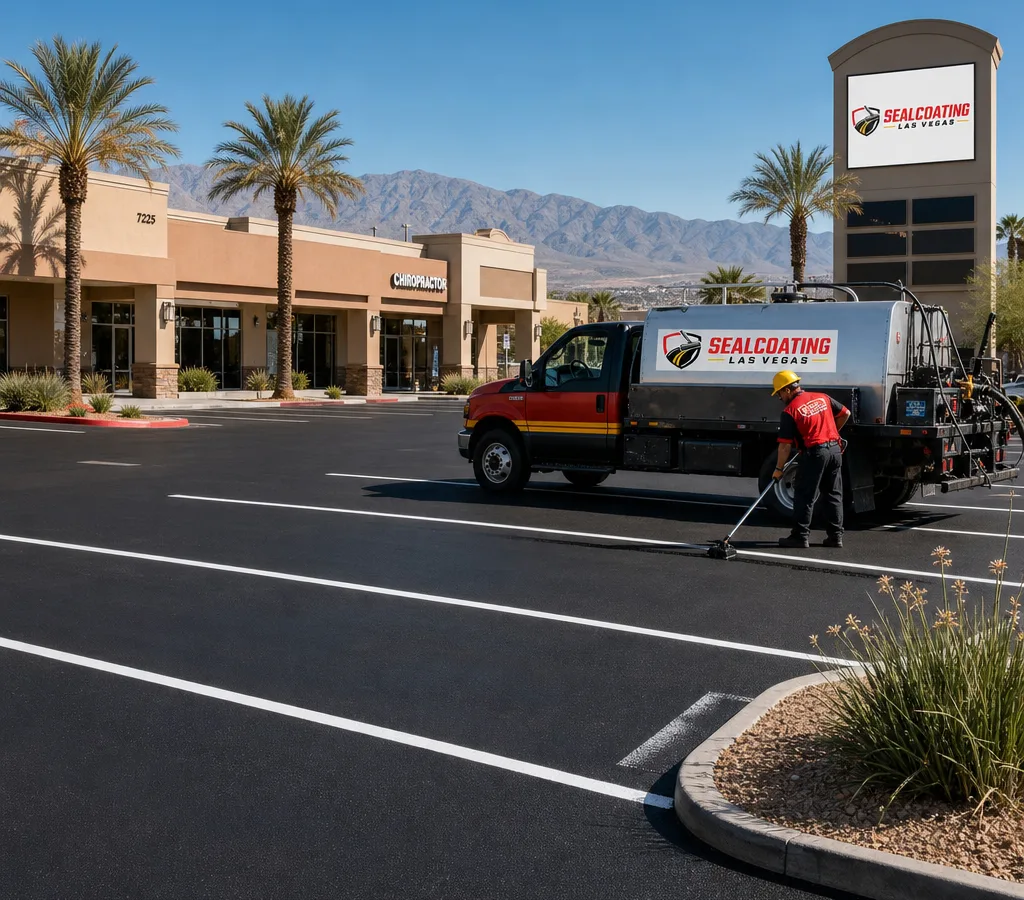 Freshly maintained commercial parking lot in Las Vegas with crisp striping, sealed asphalt, and clean curb lines at a retail center
