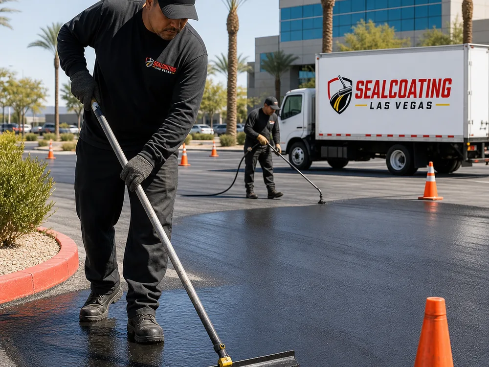 Crew applying sealcoat on a commercial parking lot with cones and phased closures, showing squeegee and spray application and protected curbs