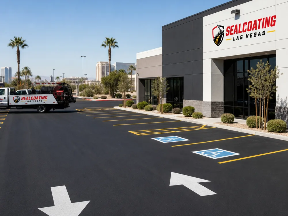 Wide shot of a freshly sealcoated parking lot with clean striping, directional arrows, and accessible stall markings at a commercial property