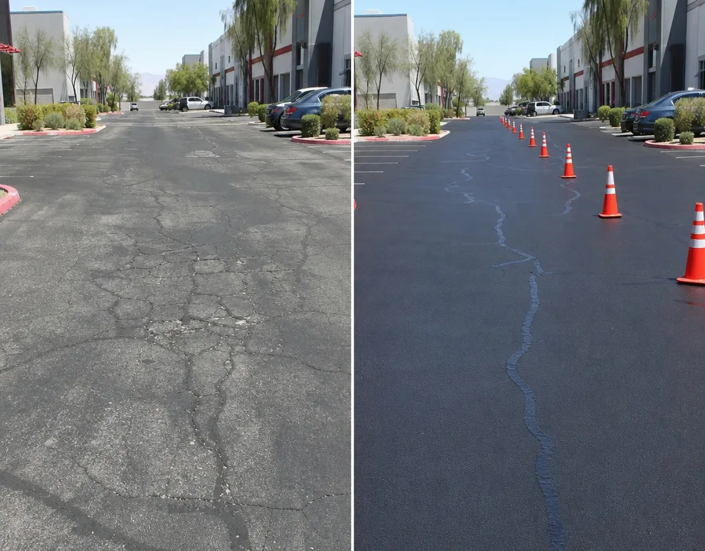 Before and after of a commercial drive aisle with cleaned and sealed cracks and traffic-control cones