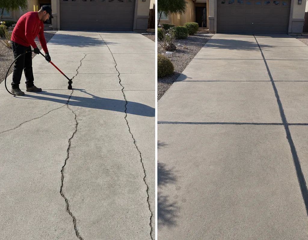 Before and after of a Las Vegas driveway with open cracks neatly filled without smearing the concrete apron