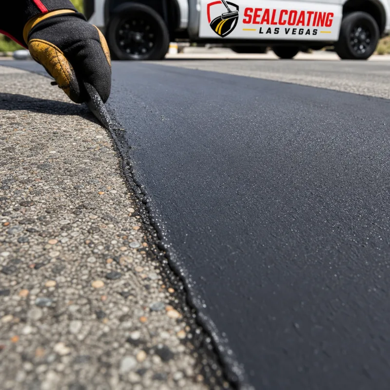 Close-up of a sealed crack showing proper bonding and a smooth overband on oxidized asphalt