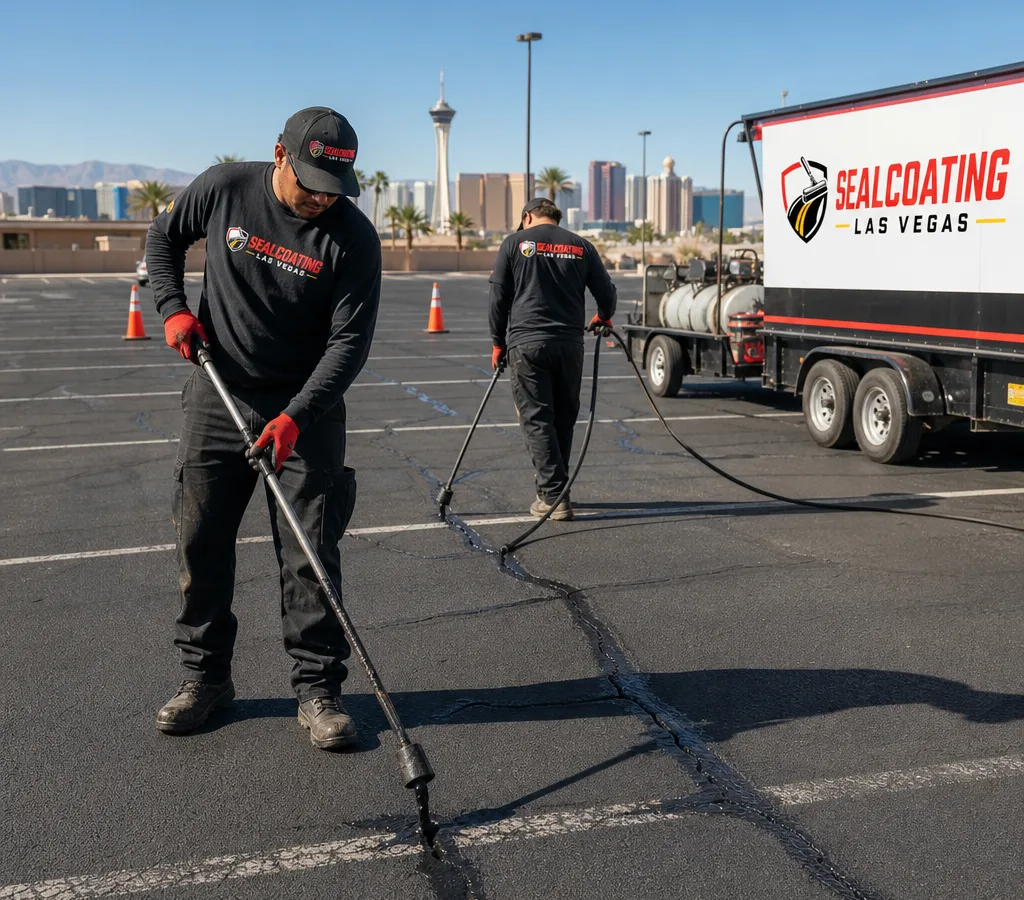 Crew applying hot rubberized crack filler along cracks in a Las Vegas asphalt parking lot