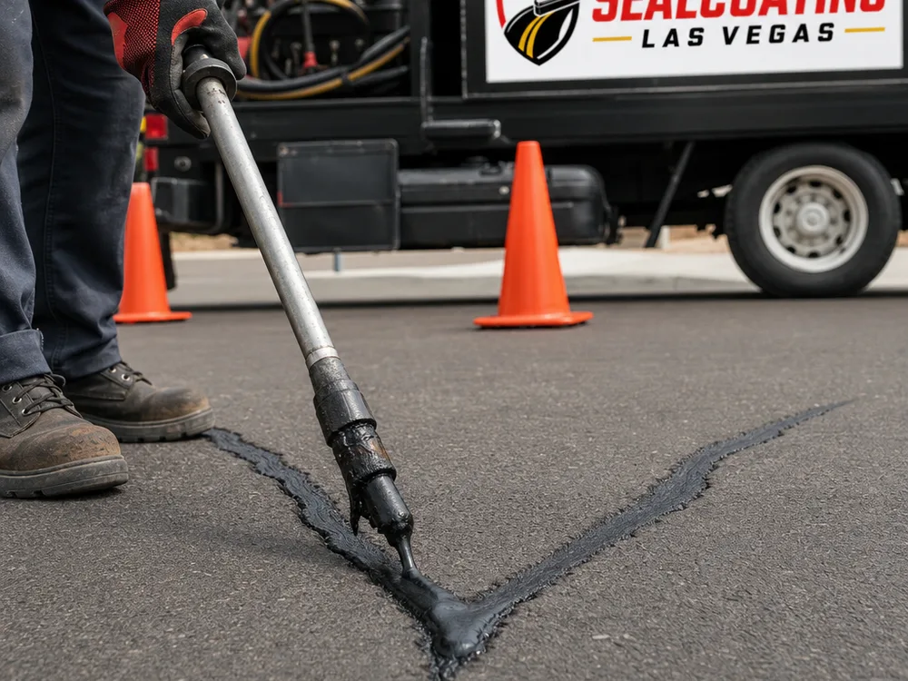 Hot-applied rubberized sealant placed in a routed asphalt crack with clean edges and a smooth overband