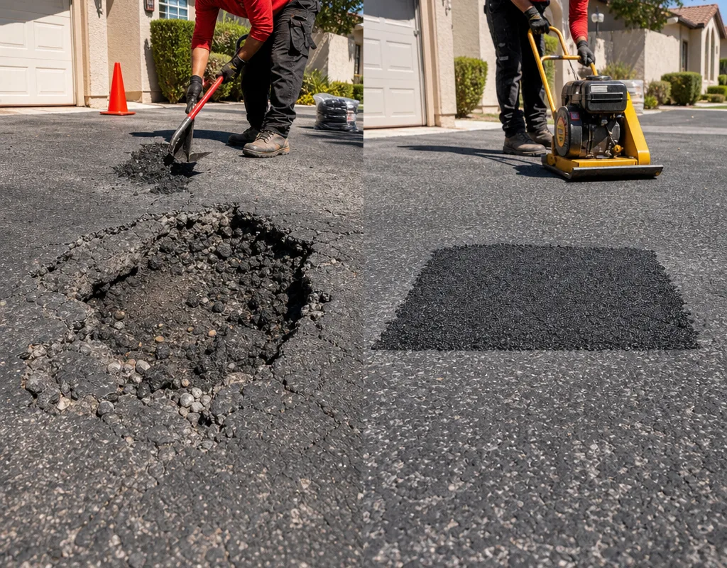 Before and after of a residential driveway pothole repaired with a squared compacted patch
