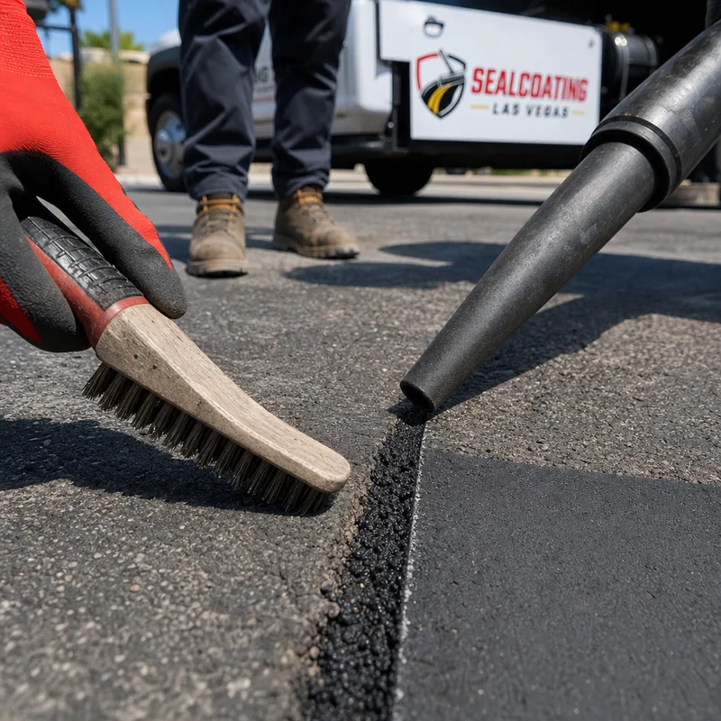 Cleaned asphalt crack and compacted patch edge with a neat saw-cut line and repair tools