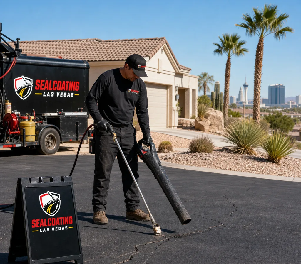 Residential asphalt driveway with cracking as a crew member prepares a repair area in Las Vegas