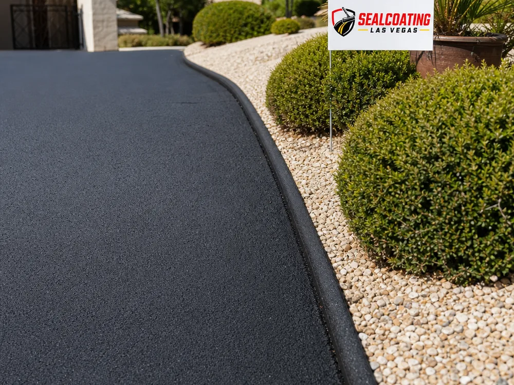 Rebuilt asphalt driveway edge with a straight line along a landscaped border