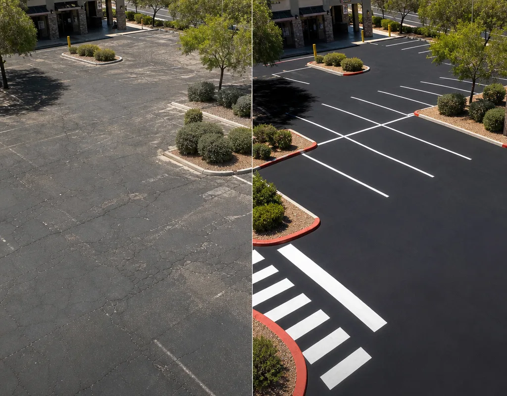 Before-and-after parking lot restriping showing faded markings replaced with visible stall lines, stop bar, and crosswalk