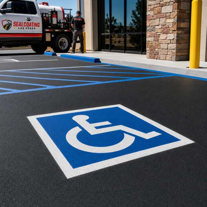 ADA stall and access aisle with blue paint, wheelchair symbol, crisp edges, and clear pavement contrast