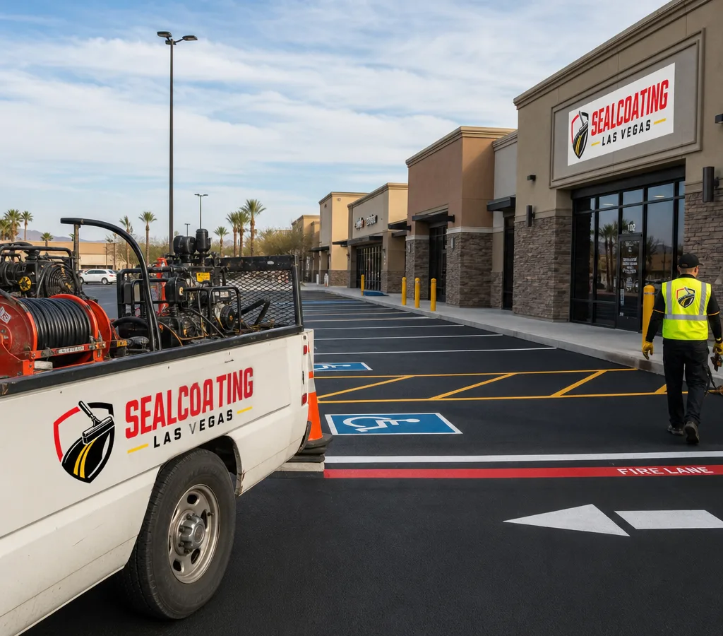 Freshly striped Las Vegas commercial parking lot with stall lines, arrows, ADA stalls, and a marked fire lane