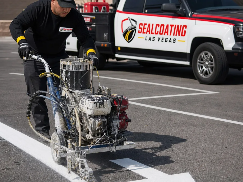 Striping machine applying a bright white stall line and directional arrow with sharp, uniform edges