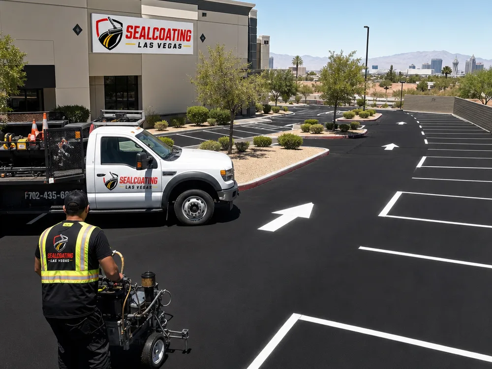 Finished commercial lot with bright stall lines, clean end caps, and directional arrows aligned across rows