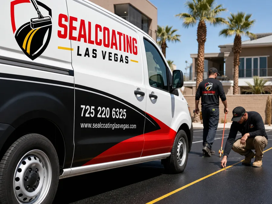 Crew member applying sealcoat carefully along a concrete edge while protecting adjacent surfaces