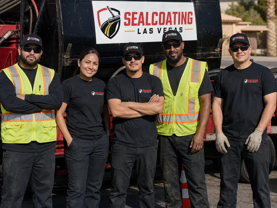 Sealcoating crew in safety vests beside a rig and cones before surface preparation